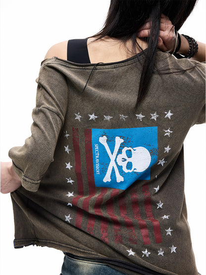 Skull Print Off-Shoulder Fake Layered Short Sleeve T-Shirt WN27279