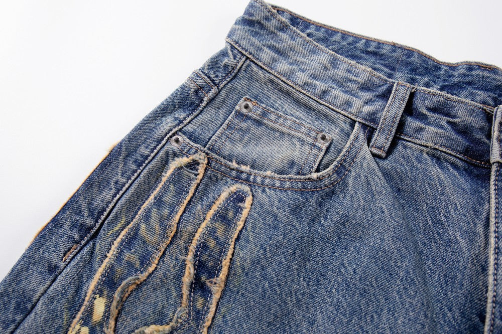 Frayed Applique Embroidery Washed Wide Leg Denim Jeans WN27833