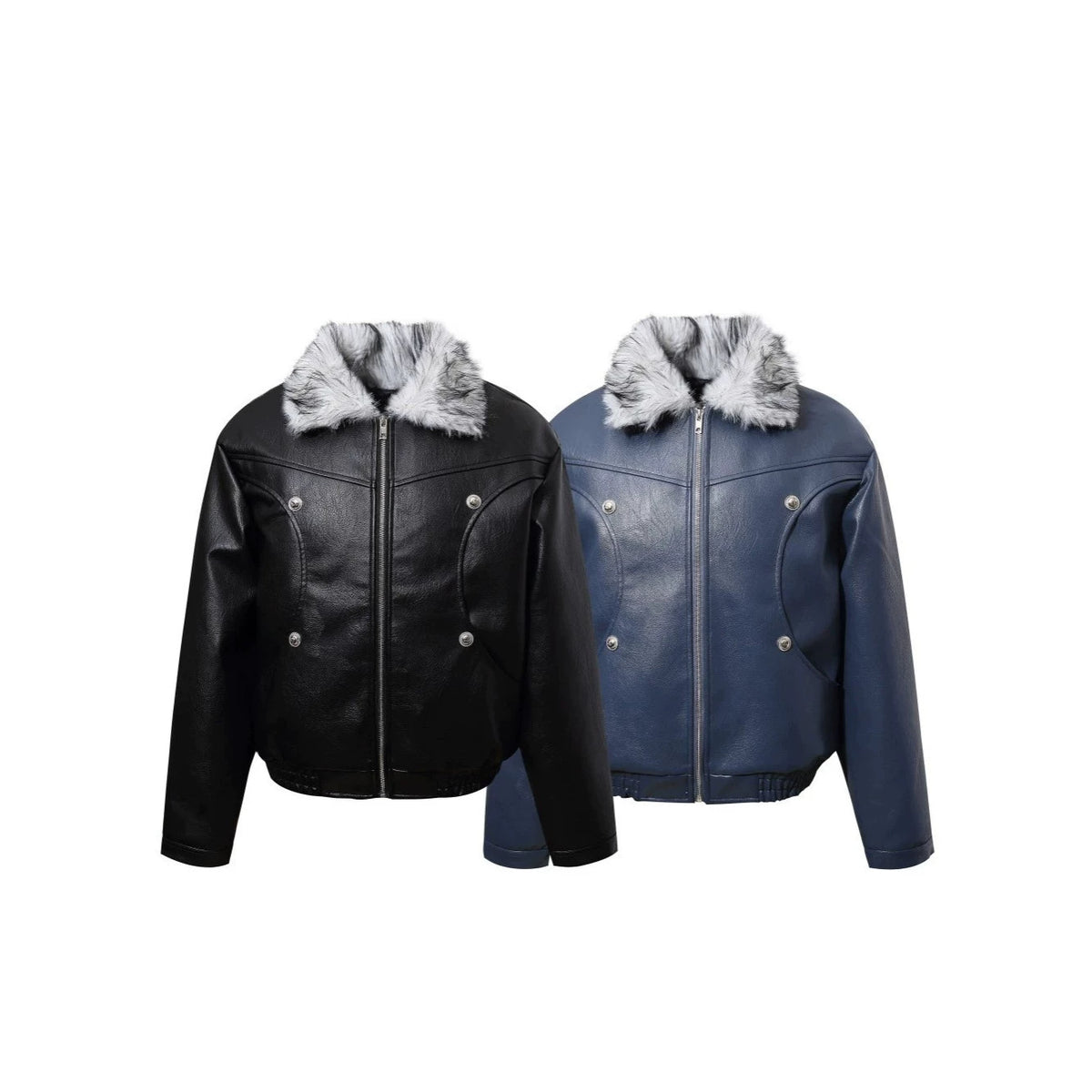 Fake Fur Collar Studs Detail PU Leather Jacket WN28095