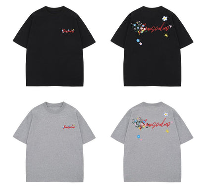 Floral Letter Embroidery Oversize Short Sleeve T-Shirt WN26897