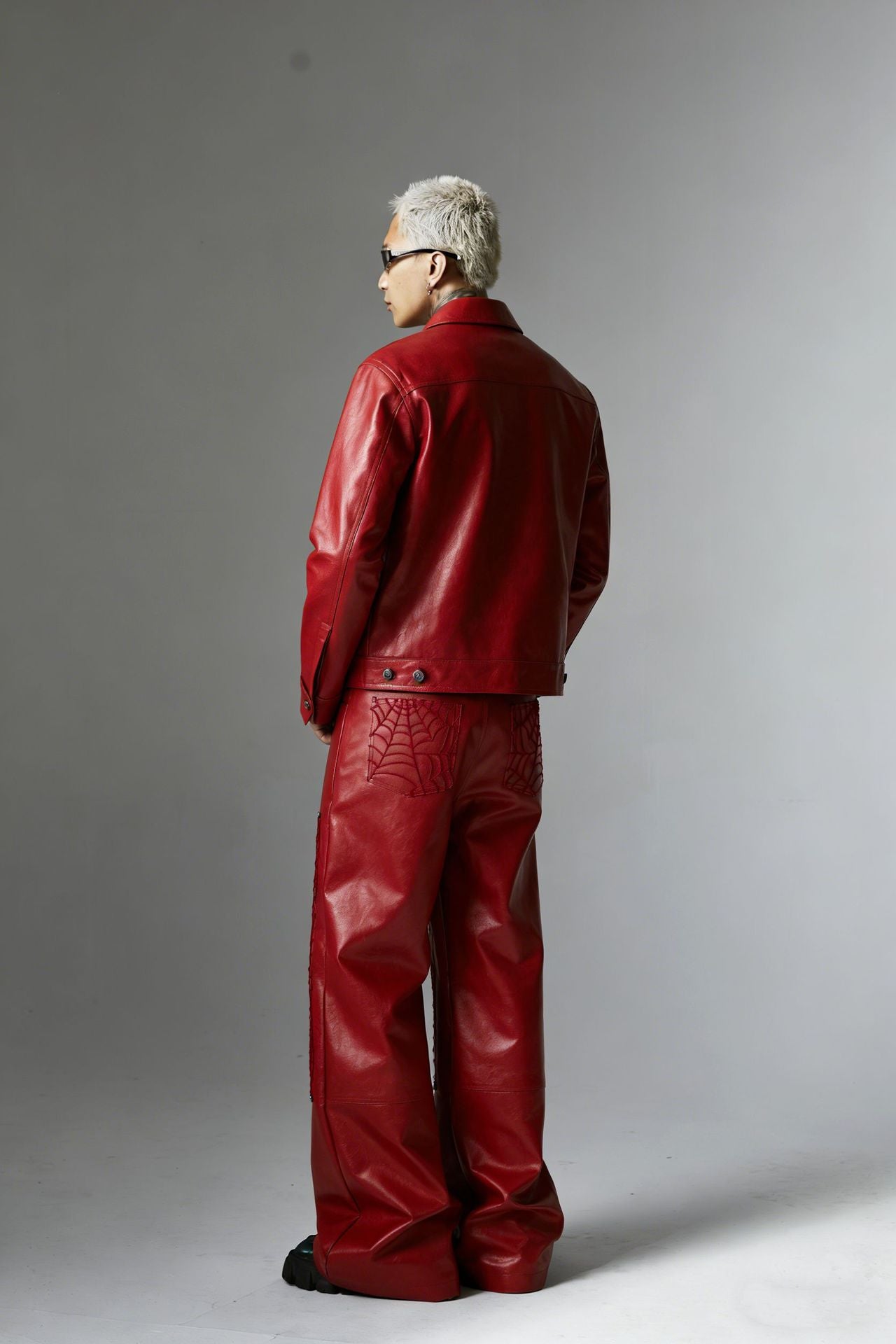 Snap-Button Emboss PU Leather Jacket &PU Leather Wide Leg Pants Setup WN23095-K