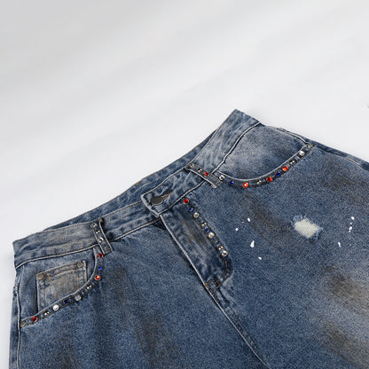 Washed Paint Damage Wide Leg Denim Jeans WN25394