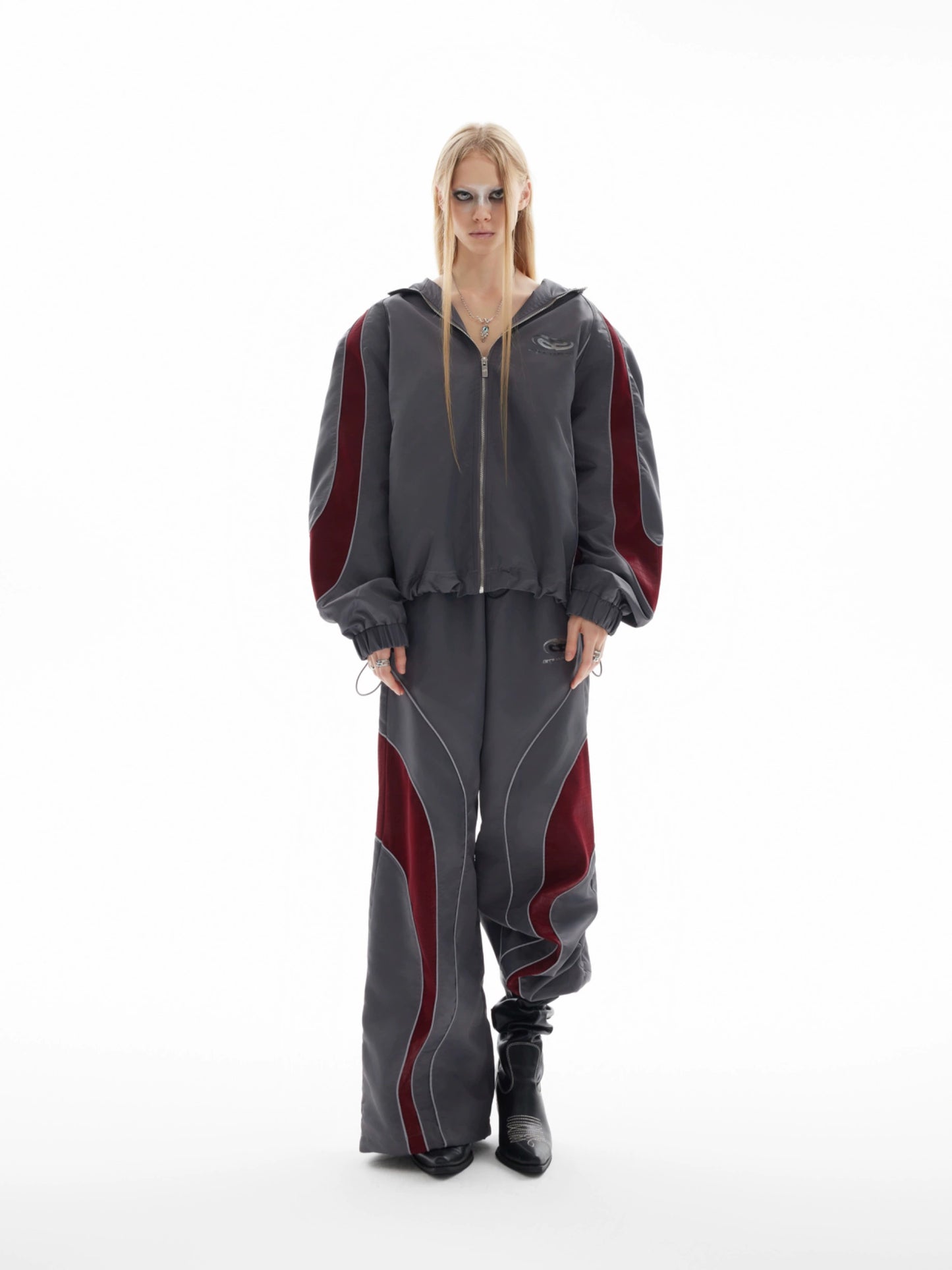 Glossy Contrast Hooded Jacket & Wide-leg Sporty Pants Setup WN8661