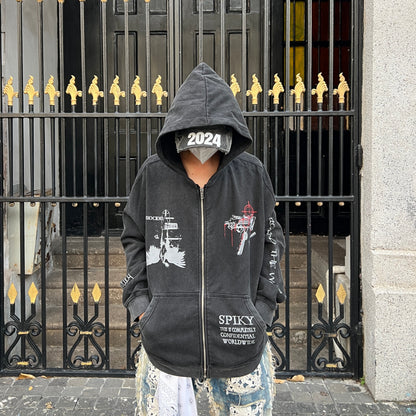 Graffiti Print Smoke Effect Zipper Hoodie WN24120