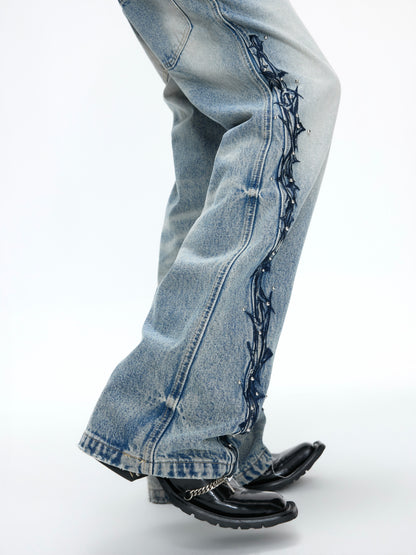 3D Embroidery Rivet Wash Wide Leg Denim Jeans WN26978