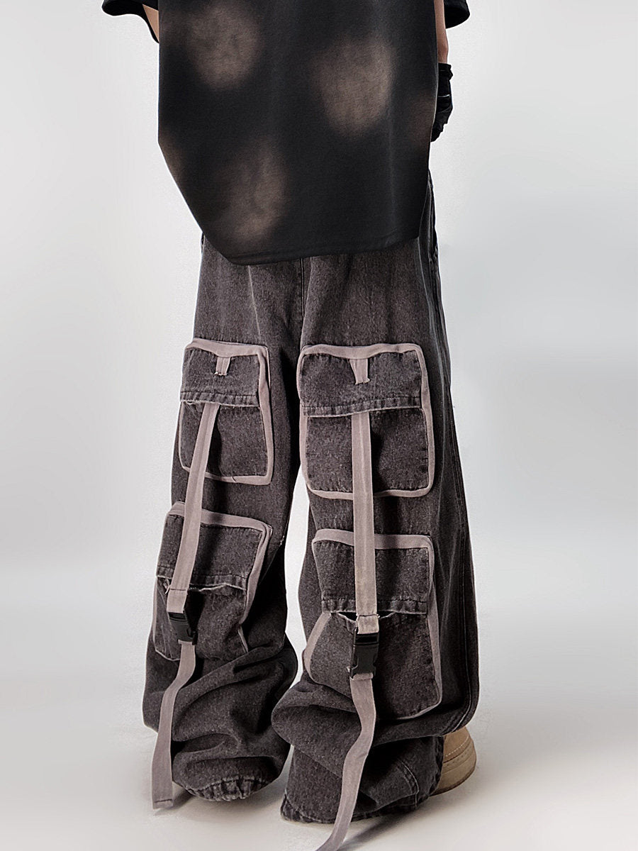 Washed Multi-Pocket Wide Leg Denim Jeans WN23998
