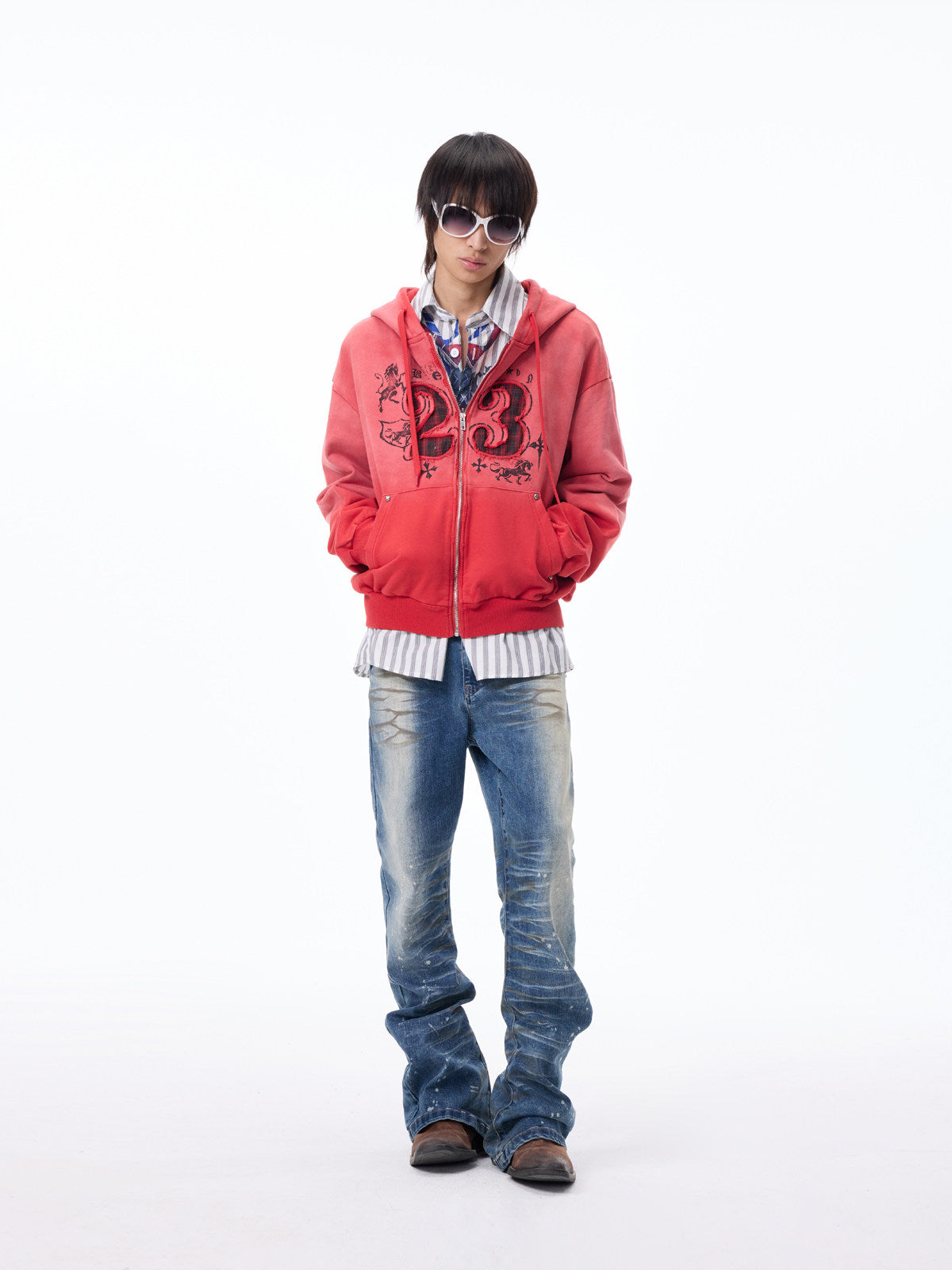 Washed Number Graphic Print Zipper Hoodie WN27261