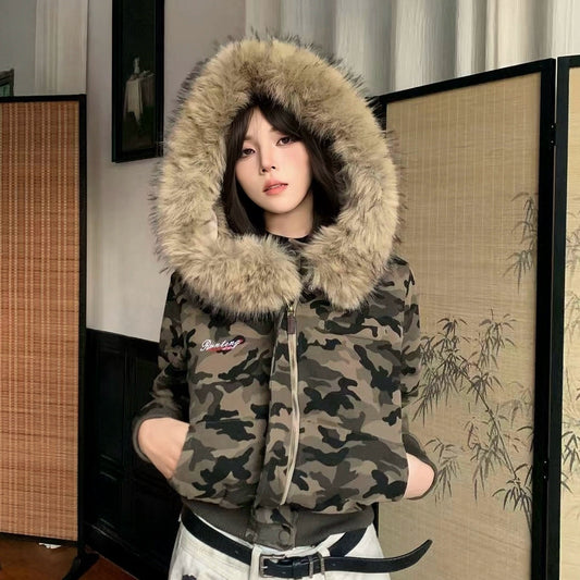 Camouflage Detachable Fake Fur-Collar Hooded Short Jacket WN22171