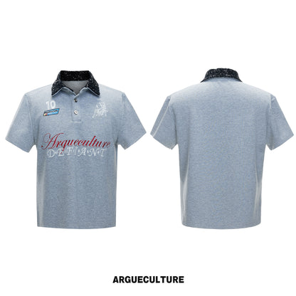Sequin-Collar Letter Embroidery Cropped Oversize Polo Short Sleeve Shirt WN27025