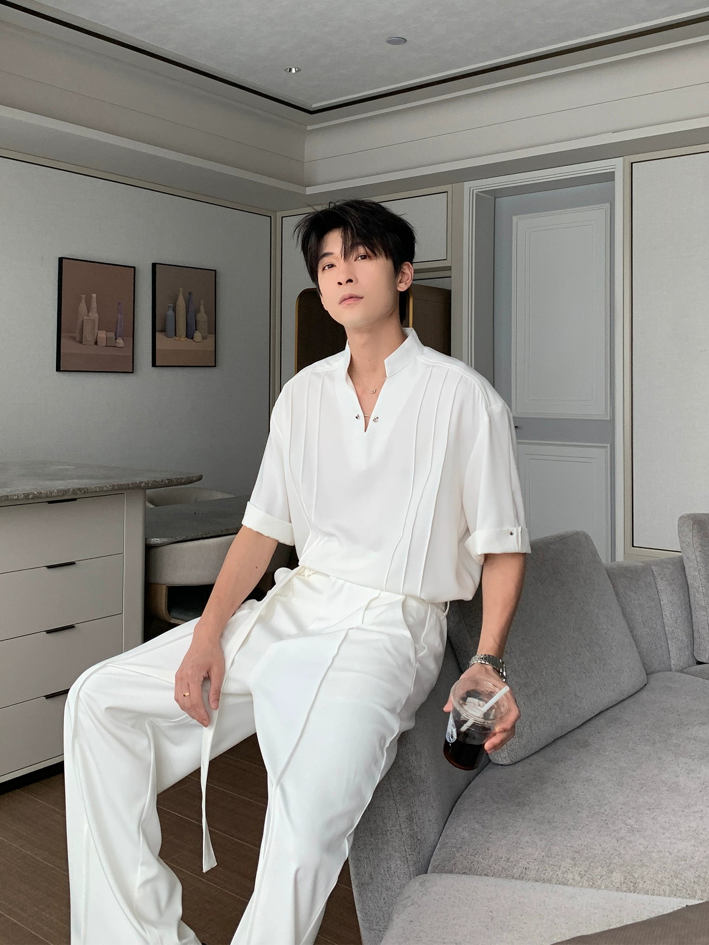 Standing Collar V-Neck Oversize Short Sleeve Polo Shirt WN20453