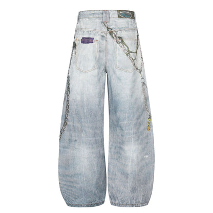 Washed 3D Print Curved Wide Leg Denim Jeans WN25920