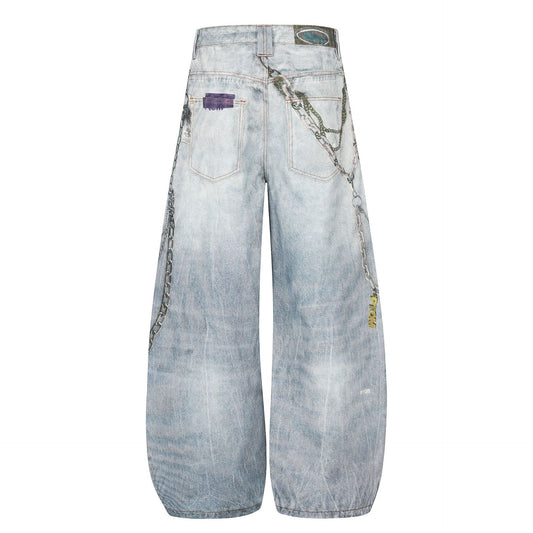 Washed 3D Print Curved Wide Leg Denim Jeans WN25920
