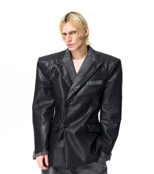 Texture Fake Layered PU Leather Tailored Jacket WN21834