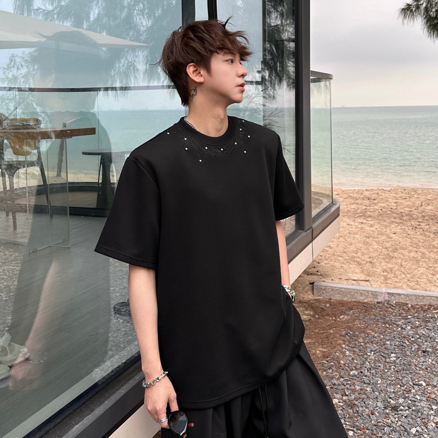 Embroidery Bead Short Sleeve T-Shirt WN25334