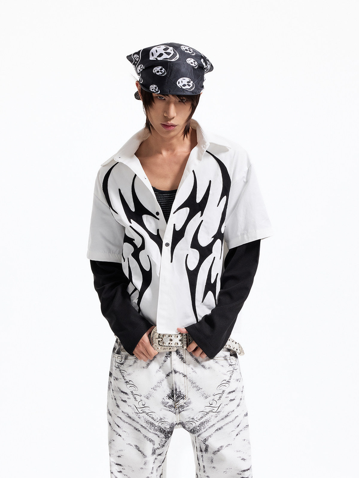 Fake Layered Flame Patch Embroidery Short Sleeve Shirt WN27296