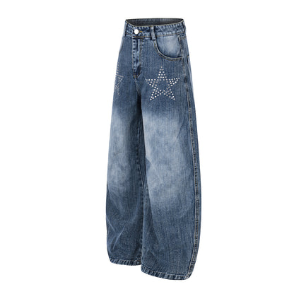 Washed Star Rhinestone Wide Leg Denim Jeans WN25458
