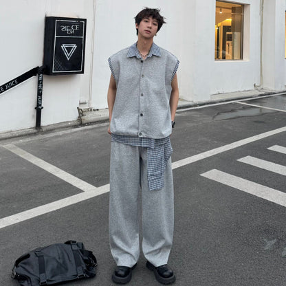 Plaid Layered Knit Vest & Wide Leg Sweatpants Setup WN25332