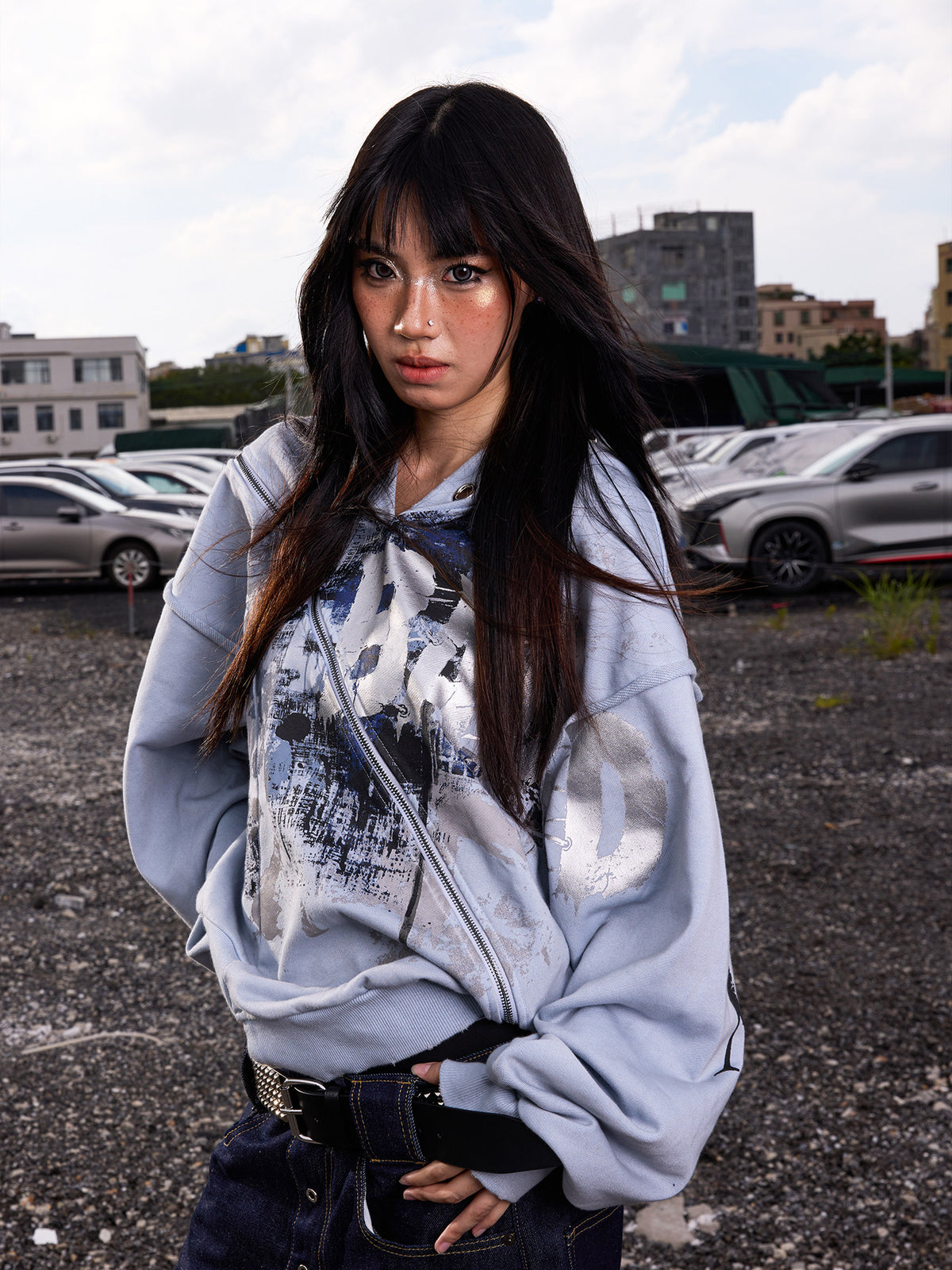 Oversize Graphic Zipper Hoodie WN27116