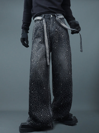 Rhinestone Star Design Washed Ribbon Wide Leg Denim Jeans WN23768