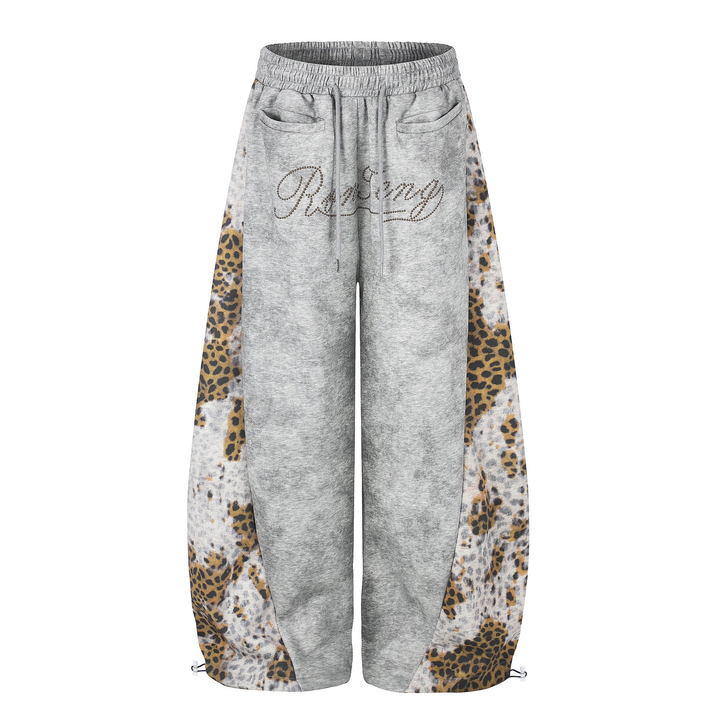 Leopard Print Curved Studs Wide Leg Sweatpants WN25700