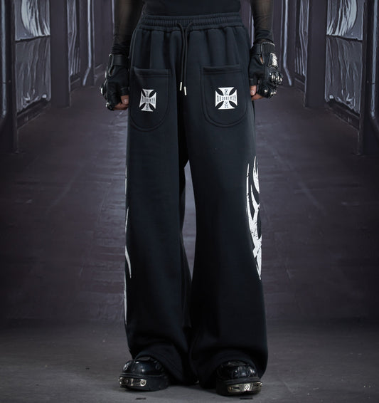Totem Print Elastic Waist Fleece Lining Straight Sporty Pants WN22885