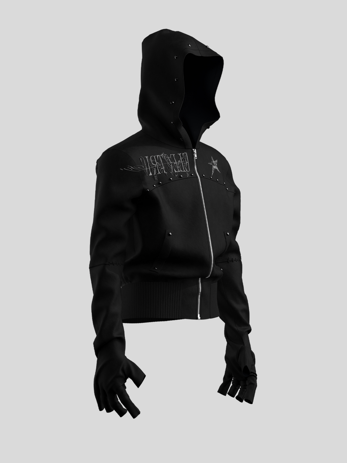 Embroidery Stud Star Zipper Hoodie WN27128