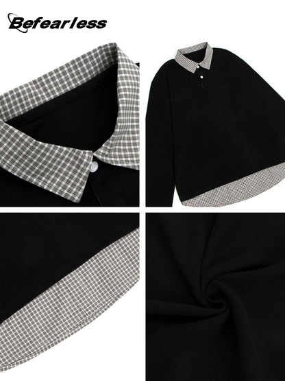 Plaid Collar Fake Layered Boxy Oversize Long Sleeve T-Shirt WN26297