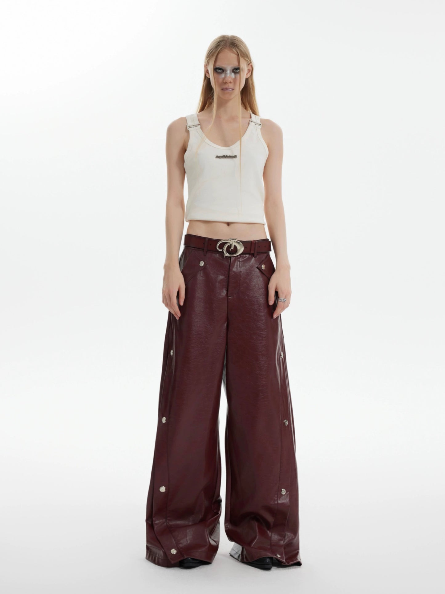 Metal Button Design PU Leather Wide Leg Pants WN8680