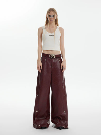 Metal Button Design PU Leather Wide Leg Pants WN8680