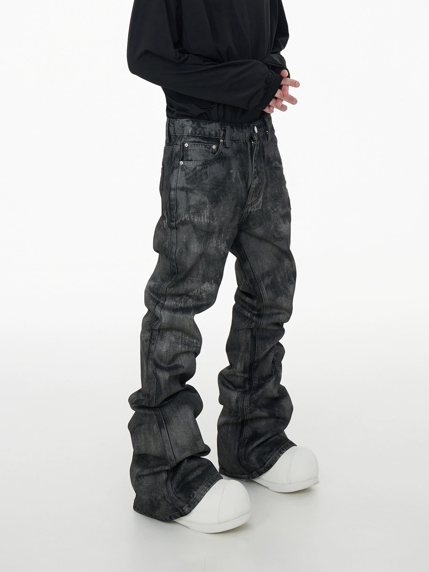 Glitter Coated Stacked Flare Denim Jeans WN17000