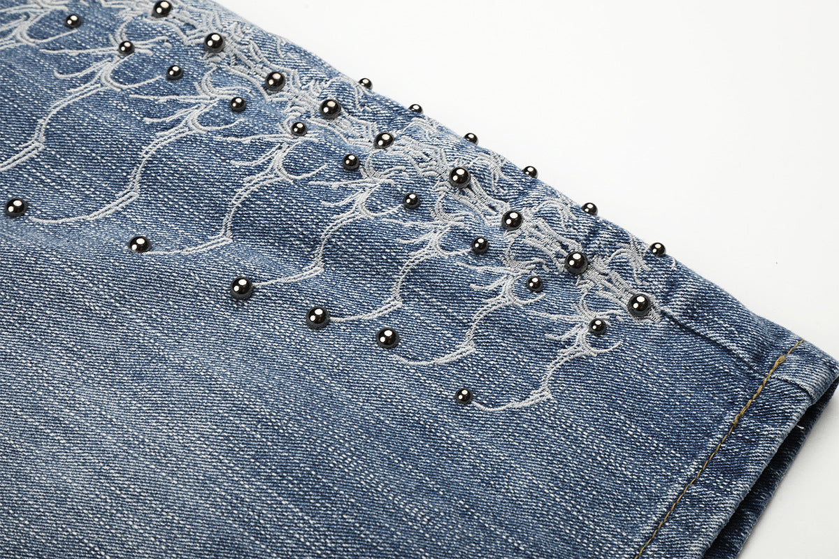 Embroidery Bead Wide Leg Short Denim Pants WN25628