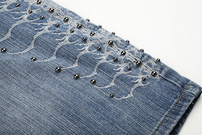 Embroidery Bead Wide Leg Short Denim Pants WN25628