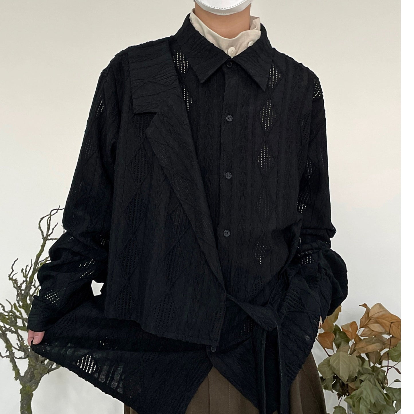 Jacquard Hollow-Out Patchwork Long Sleeve Shirt WN19960