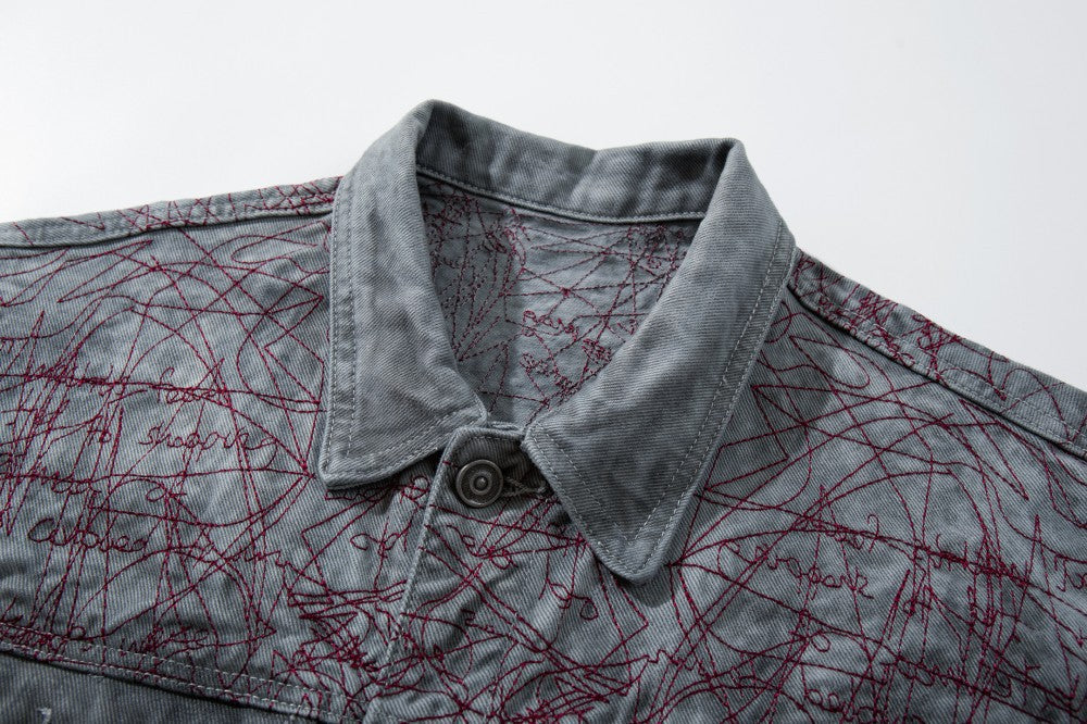 All-Over Random Stitch Embroidery Oversize Denim Jacket WN27865