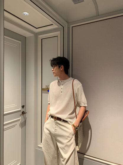 Cooling Linen Knit Henry Neck Short Sleeve T-Shirt WN20468