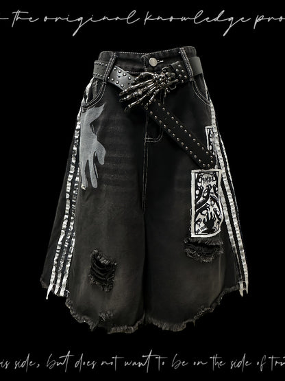 Stripe Damage Patch Denim Half Jeans & Skull Belt WN23792