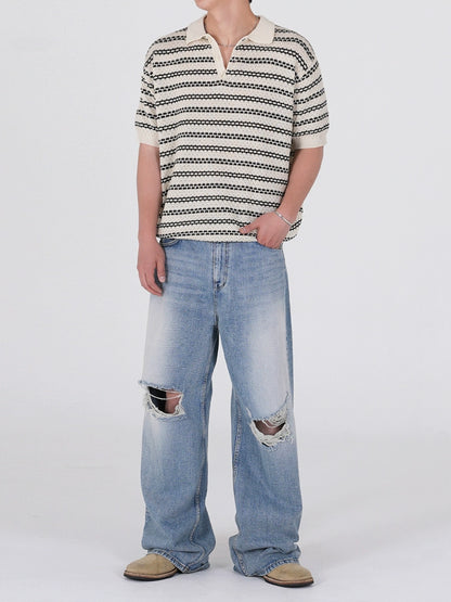 Striped Lightweight Short Sleeve  Knit Polo Shirt WN20299