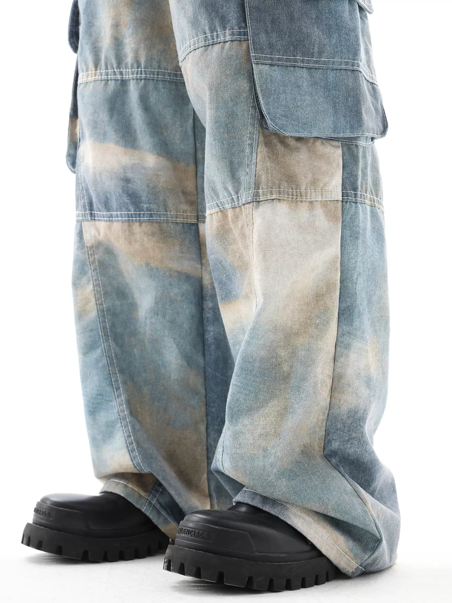 Tie-Dye Gradient Multi-Pocket Wide-Leg Cargo Denim Jeans WN10353