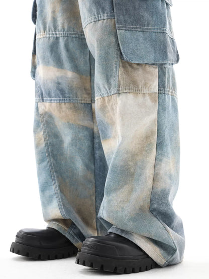 Tie-Dye Gradient Multi-Pocket Wide-Leg Cargo Denim Jeans WN10353