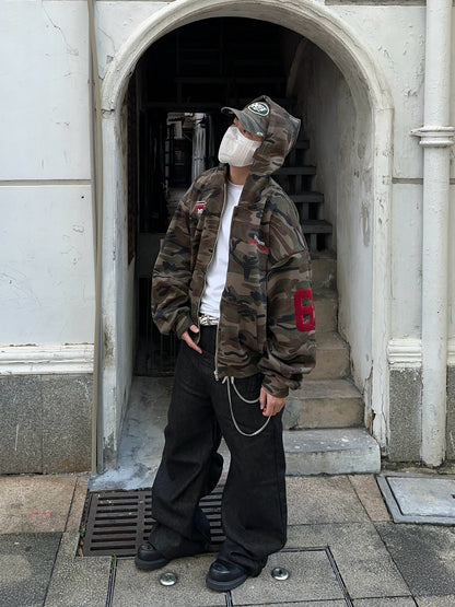 Camouflage Print Graphic Oversize Zipper Hoodie WN24396