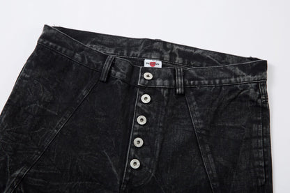 Washed Crinkle Button Fly Wide Leg Denim Jeans WN26144