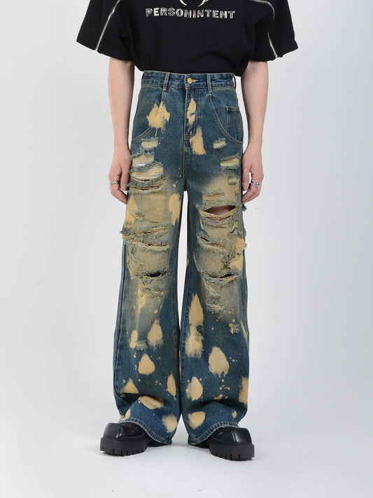 Yellow Mud Dye Damaged Wide Leg Denim Jeans WN6087