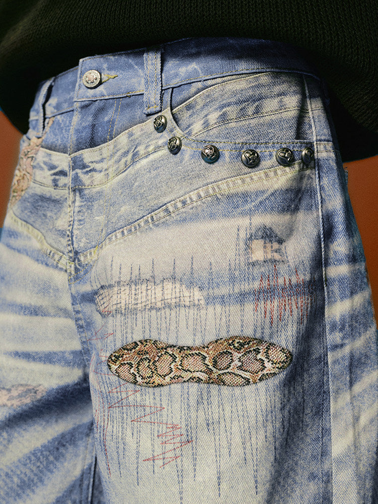 Embroidery Wash Wide Leg Denim Jeans WN23208