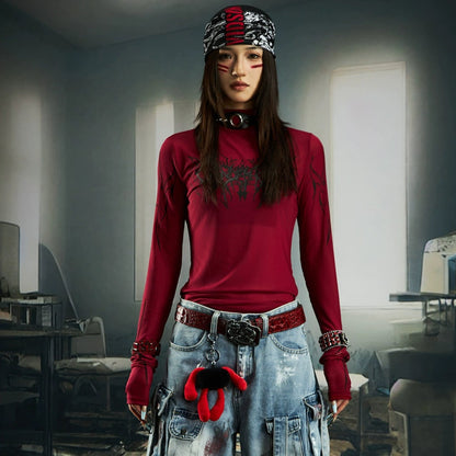 High Elastic Tight Gel Print High-Neck Long Sleeve T-Shirt WN20554