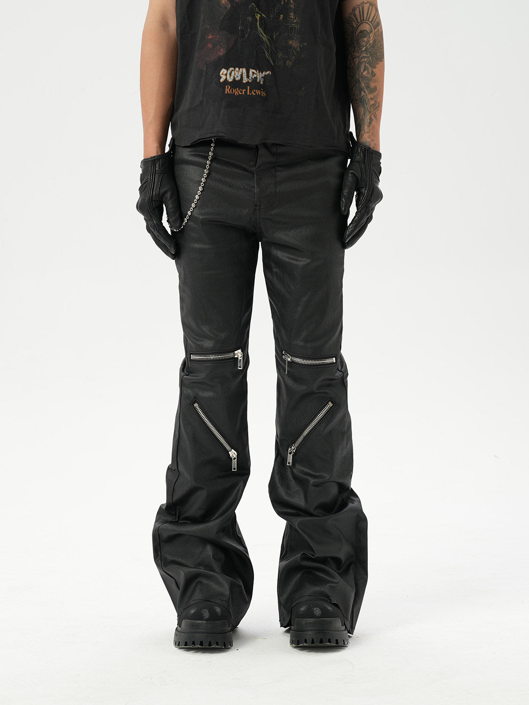 Multi Zipper Coated Flare Denim Jeans WN24335
