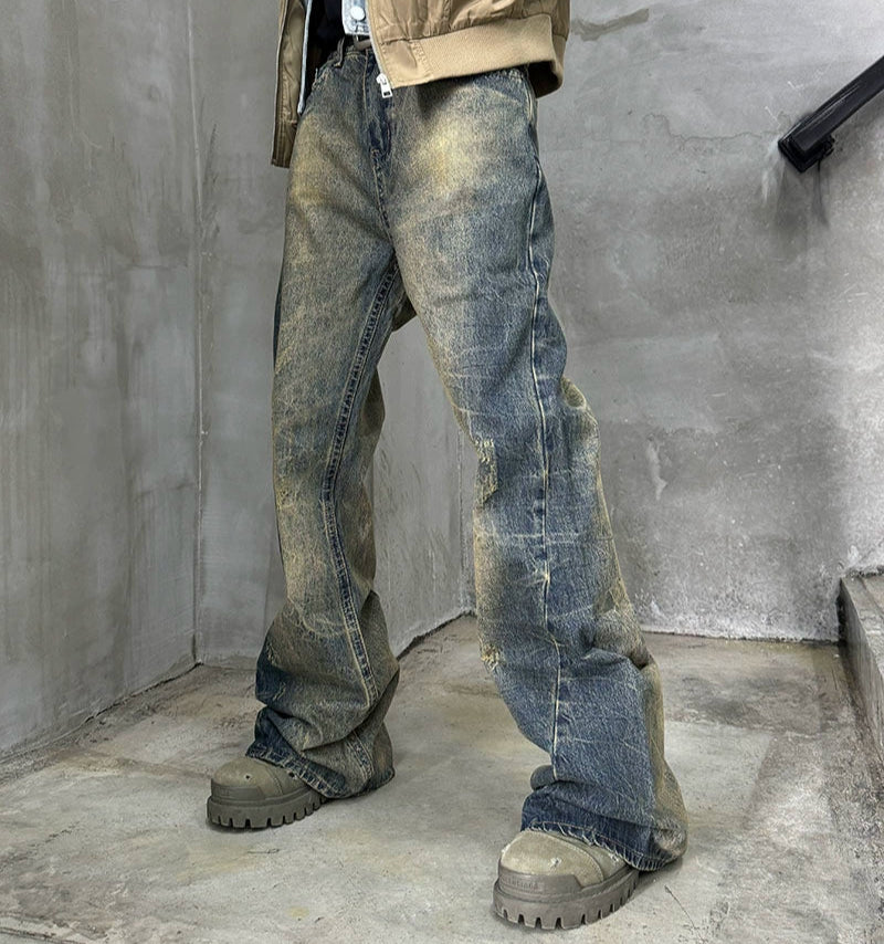 Washed Damage Straight Wide Leg Denim Jeans WN21181