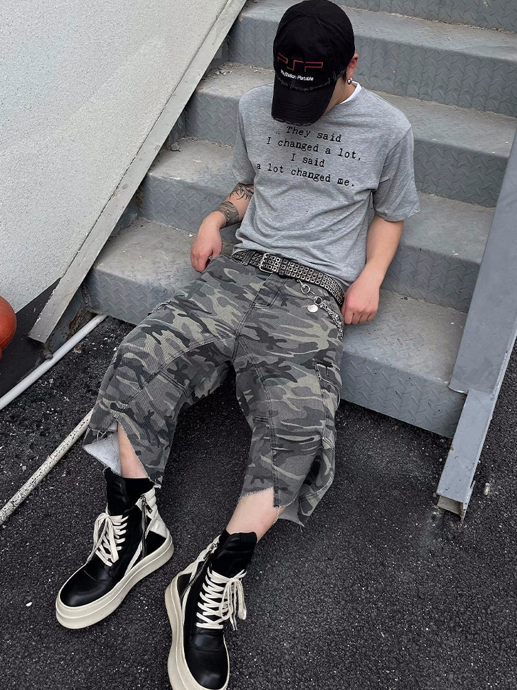 Camouflage Multi Pocket Damage Denim Cargo Half Pants WN18814