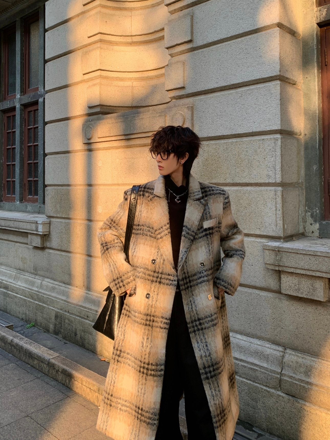 Korean Style Thick Wool Plaid Lapel Coat WN23180