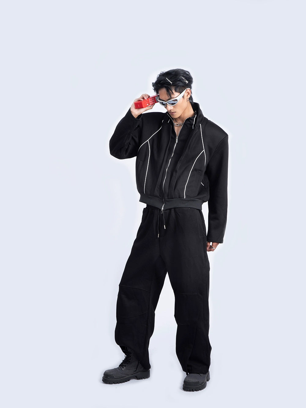 Fake Layered Patchwork Zipper Jacket & Sweatpants Setup WN9231