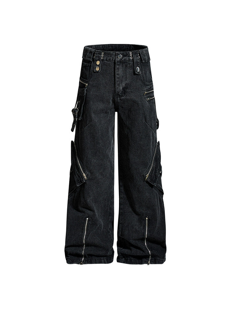 Zipper Strap Rivet Wide Leg Cargo Denim Jeans WN24169